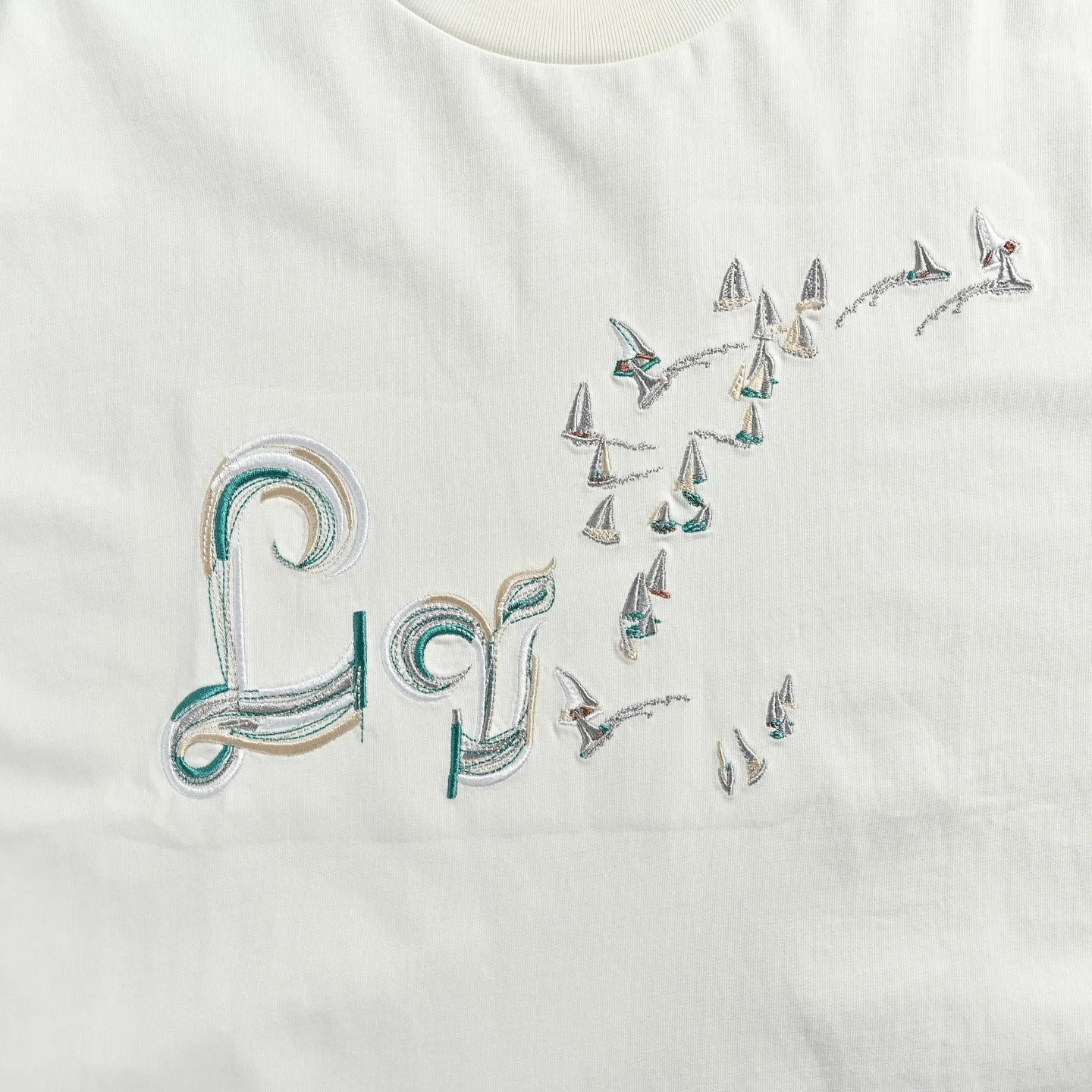 Louis Vuitton/Louis Vuitton gradient color thread sailboat and bird embroidery short sleeves